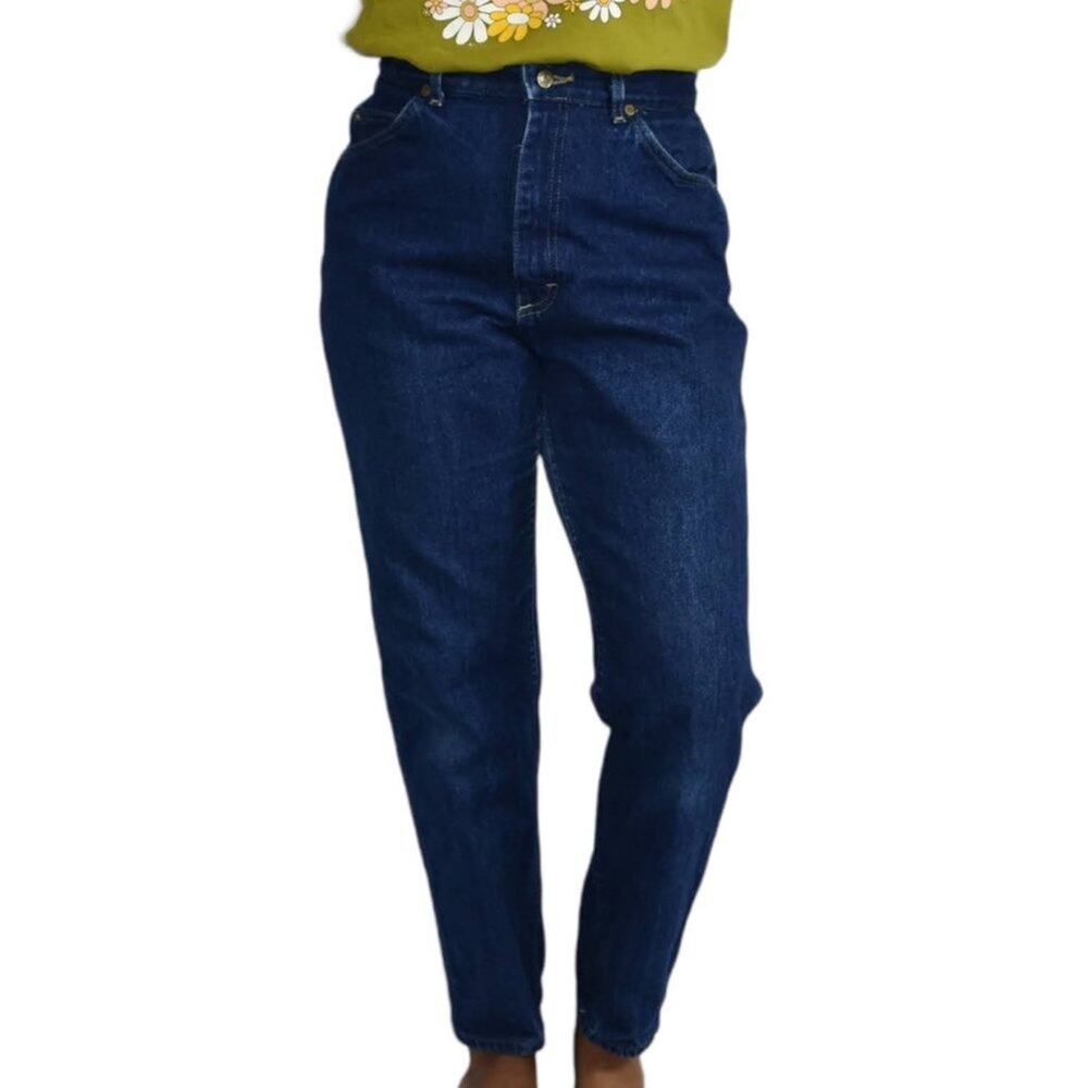 Vintage Lee Jeans Blue Dark Wash Tapered High Waist Mom Barrel Leg 80s Size 28